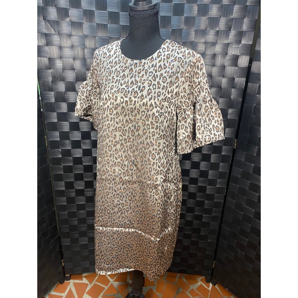 Banana Republic Shift Dress Women 6 Gold Leopard Bell Sleeve Jacquard Animal